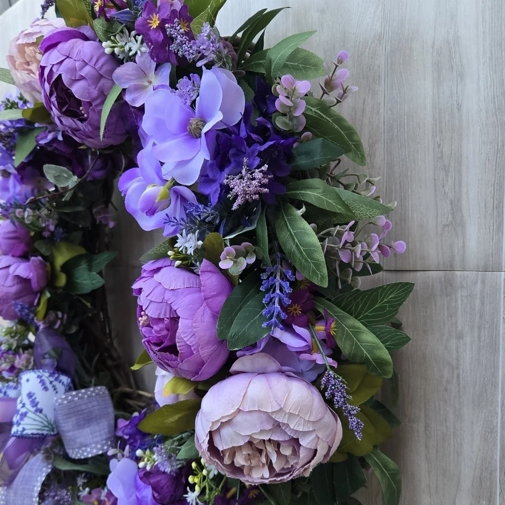 Handmade Purple Floral Wreath with Bow Summer/ Everyday Wreath